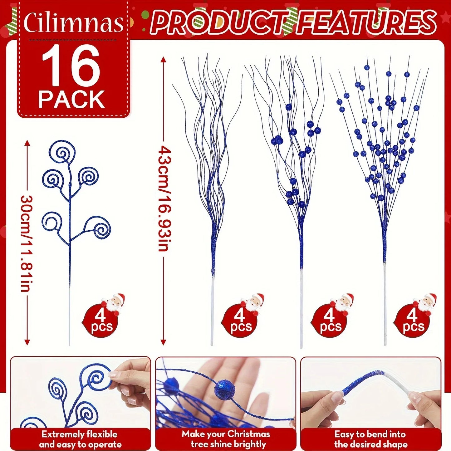 8/16Pcs Glitter Flowers Berry Bouquet Christmas Tree Ornaments