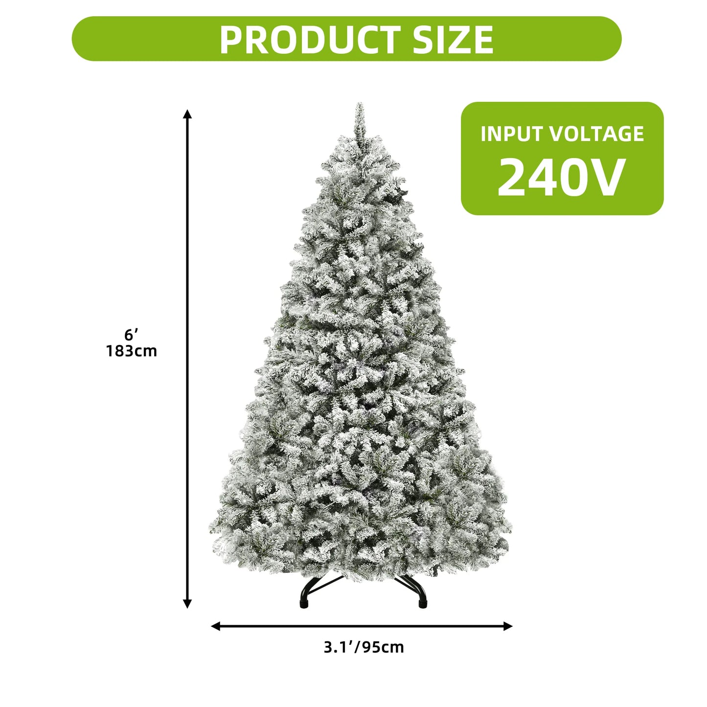 6ft Pre-Lit Snow Flocked Christmas Tree - 800 Tips & 250 Lights, Foldable Base