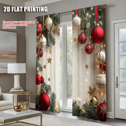 2Pcs Golden And Red Ball Pine Leaves Design Christmas Window Curtains