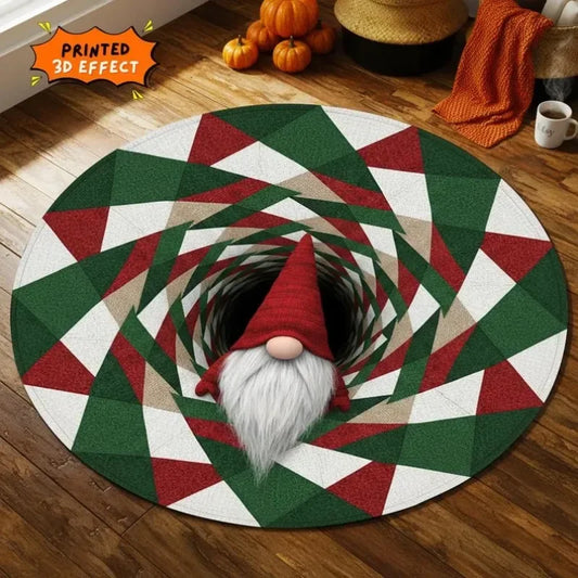 Christmas Gnome Round Rug 3D Gift Illusion Winter Mat