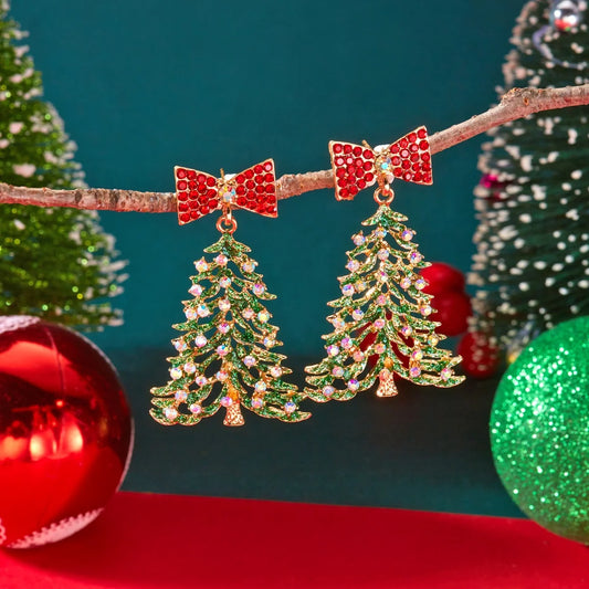 Christmas Exquisite Colorful Rhinestone Bowknot Tree Drop Earrings