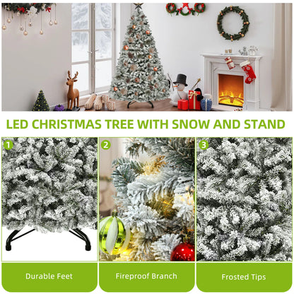 6ft Pre-Lit Snow Flocked Christmas Tree - 800 Tips & 250 Lights, Foldable Base