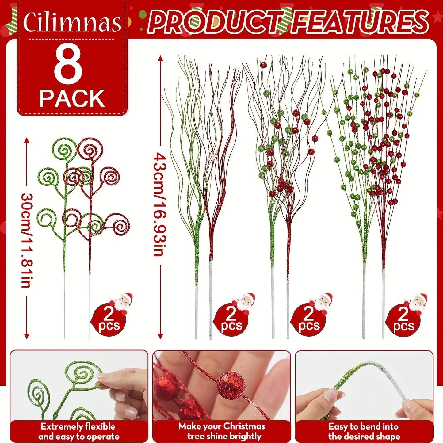 8/16Pcs Glitter Flowers Berry Bouquet Christmas Tree Ornaments