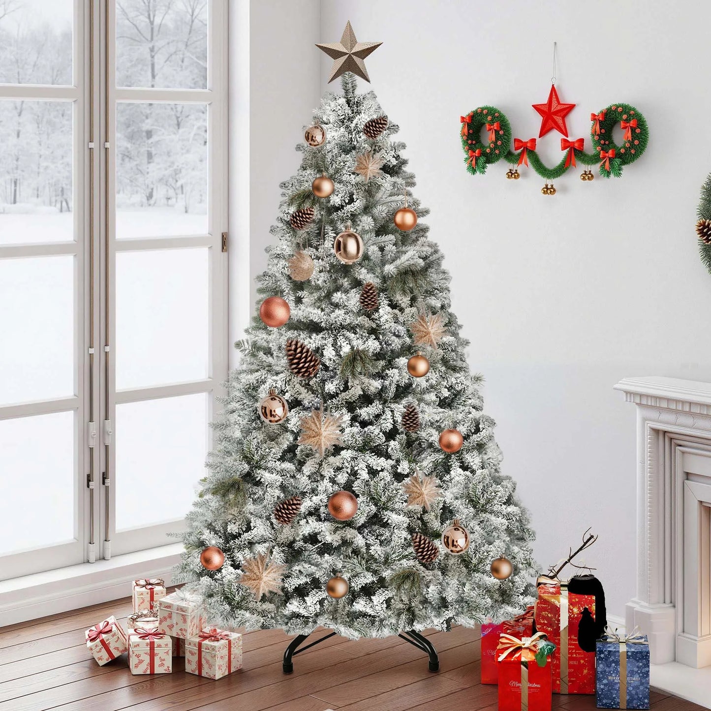 6ft Pre-Lit Snow Flocked Christmas Tree - 800 Tips & 250 Lights, Foldable Base
