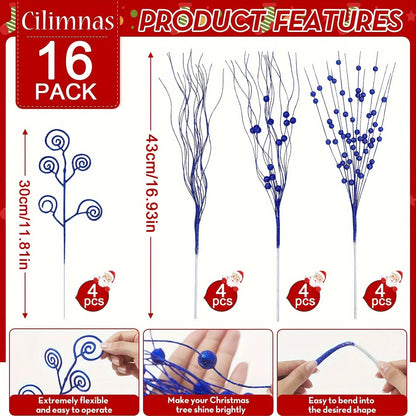 8/16Pcs Glitter Flowers Berry Bouquet Christmas Tree Ornaments