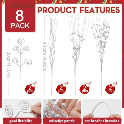 8/16Pcs Glitter Flowers Berry Bouquet Christmas Tree Ornaments