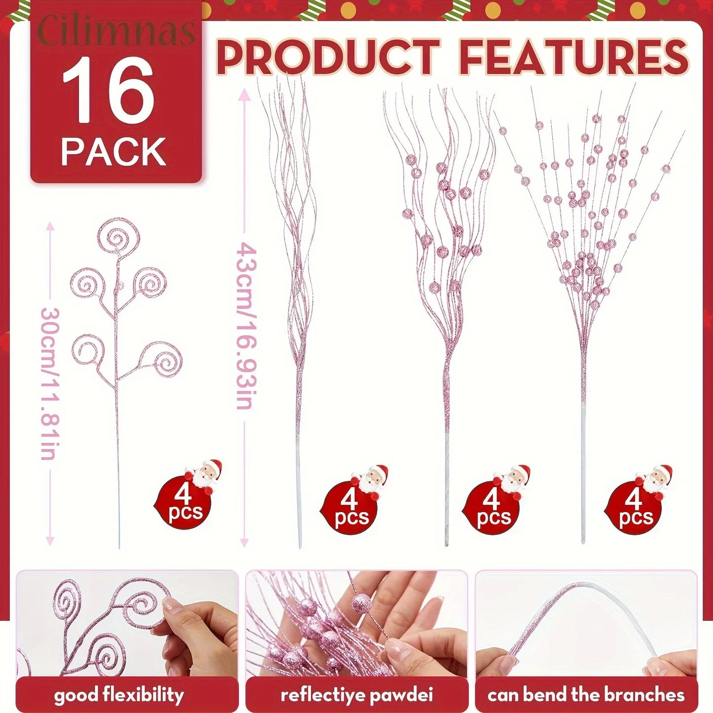 8/16Pcs Glitter Flowers Berry Bouquet Christmas Tree Ornaments