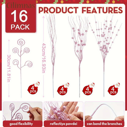 8/16Pcs Glitter Flowers Berry Bouquet Christmas Tree Ornaments