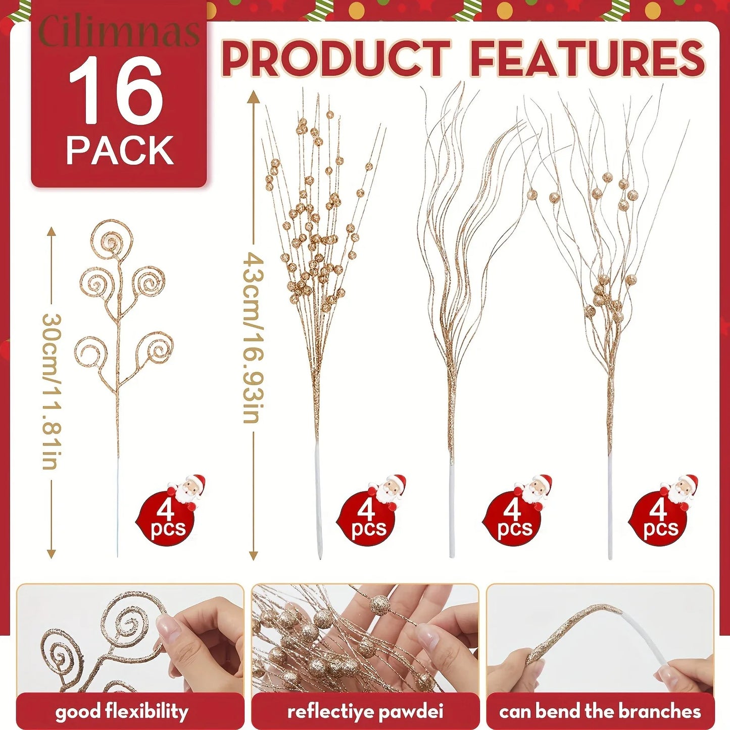 8/16Pcs Glitter Flowers Berry Bouquet Christmas Tree Ornaments