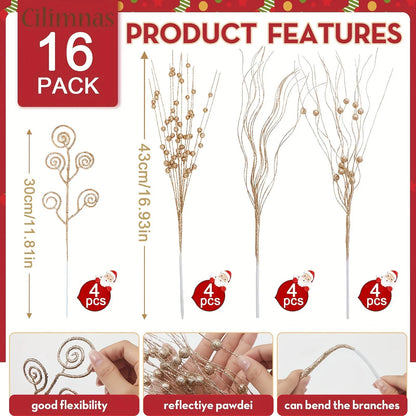 8/16Pcs Glitter Flowers Berry Bouquet Christmas Tree Ornaments