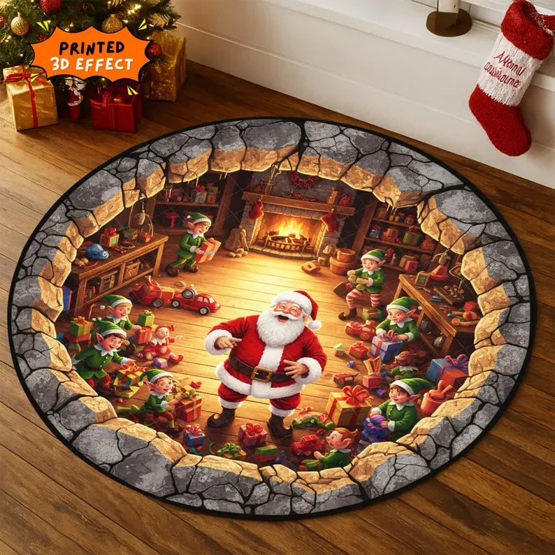 Santa's Surprise 3D Round Rug Printed Illusion Carpet