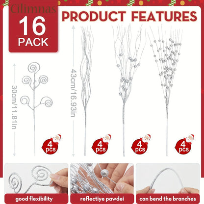 8/16Pcs Glitter Flowers Berry Bouquet Christmas Tree Ornaments