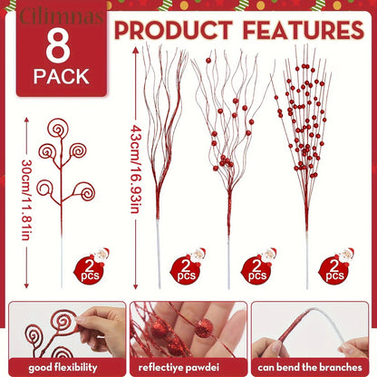 8/16Pcs Glitter Flowers Berry Bouquet Christmas Tree Ornaments