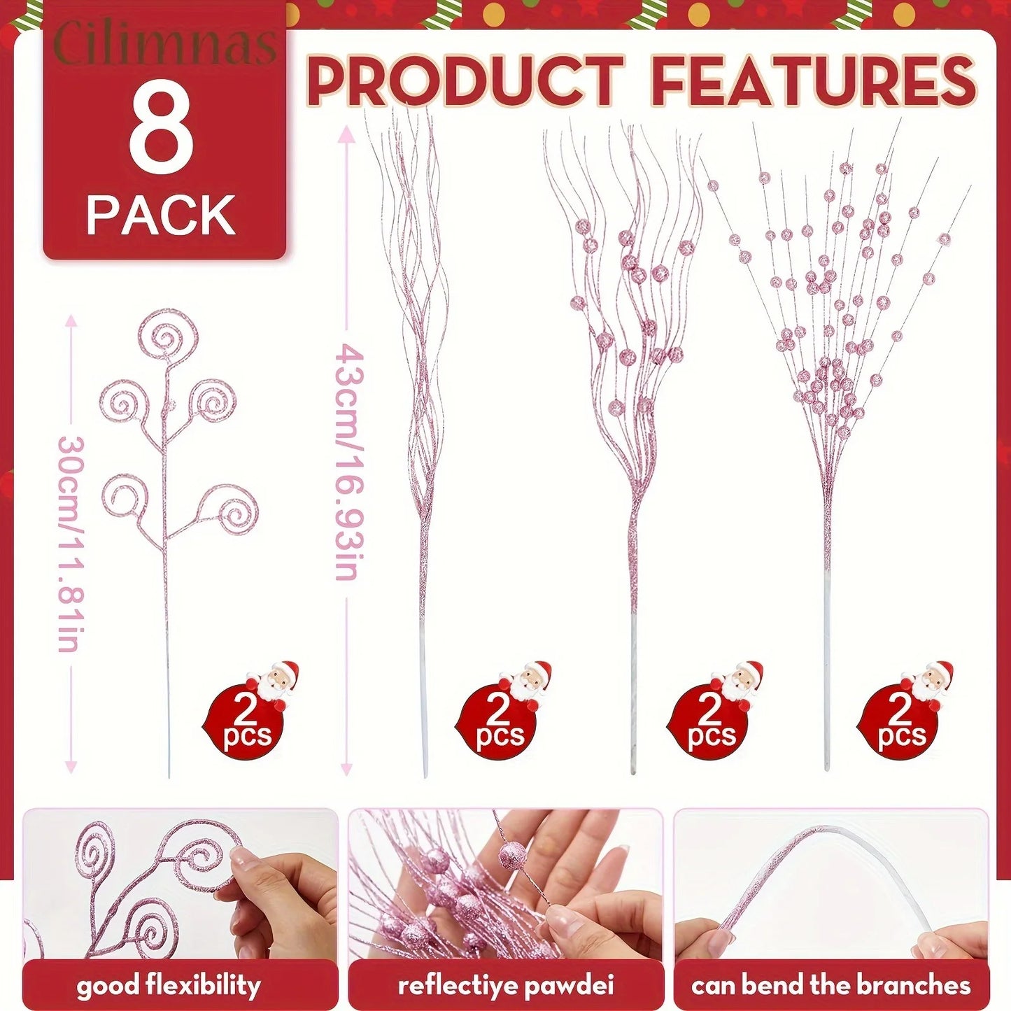 8/16Pcs Glitter Flowers Berry Bouquet Christmas Tree Ornaments