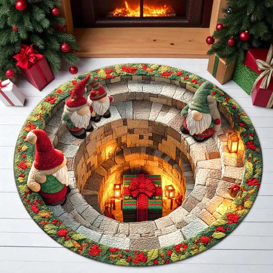 Christmas Gnome Round Rug 3D Gift Illusion Winter Mat