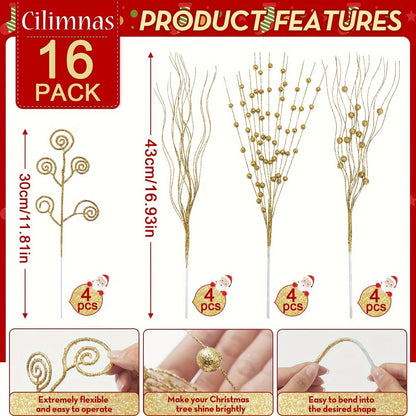 8/16Pcs Glitter Flowers Berry Bouquet Christmas Tree Ornaments