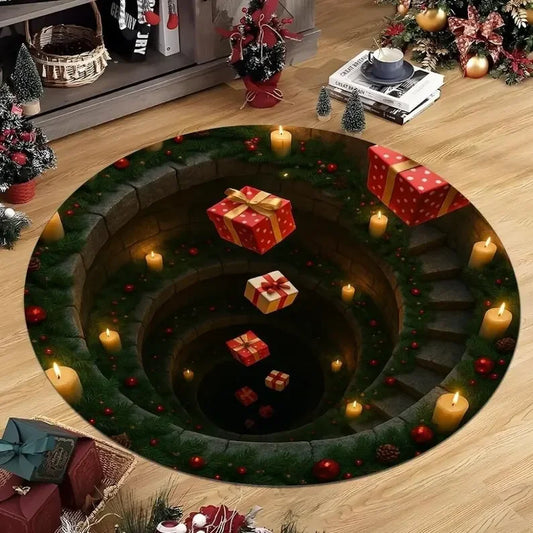 Christmas 3D Round Rug Gift Tunnel Optical Illusion Carpet