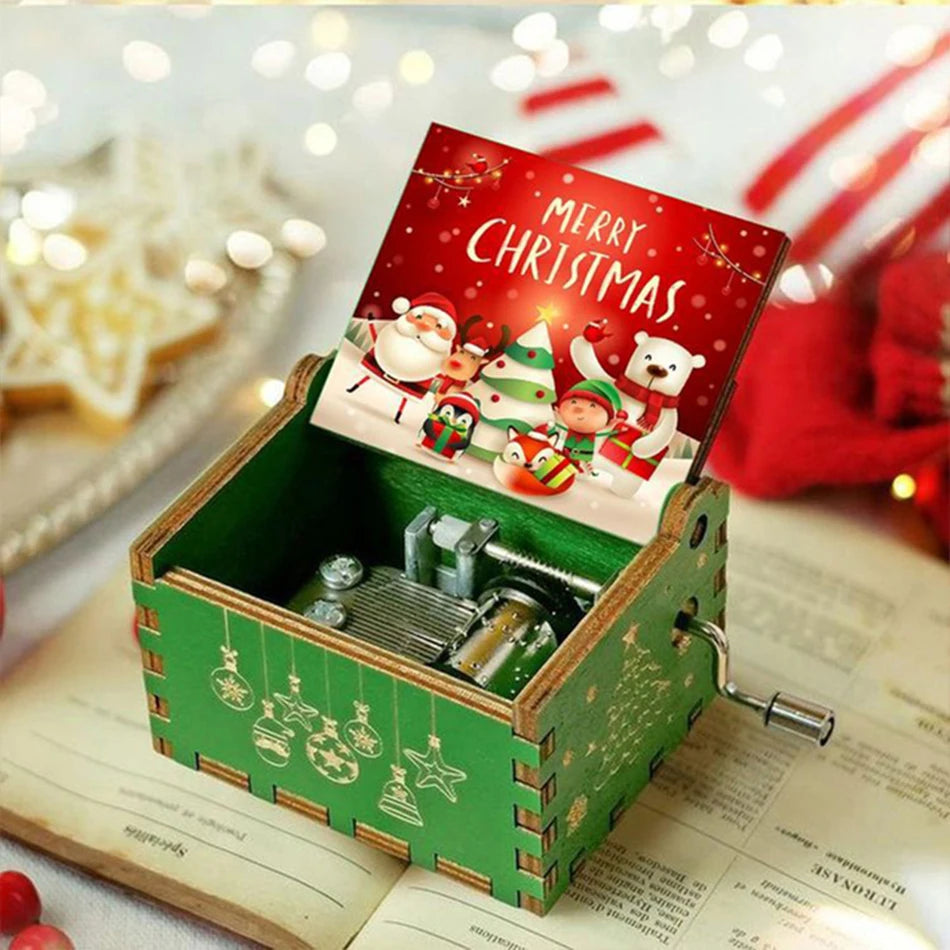 Merry Christmas Wooden Antique Hand Cranked Classic Music Box