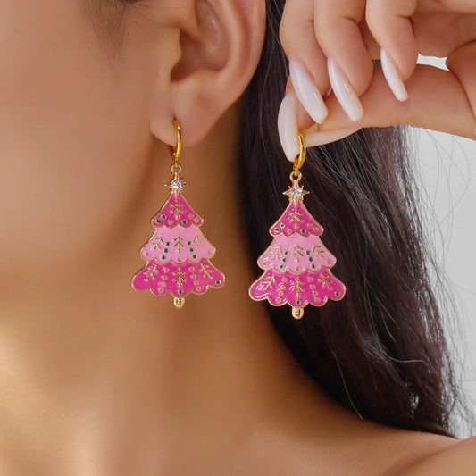 Christmas Rhinestone Star Pink Enamel Drop Earring