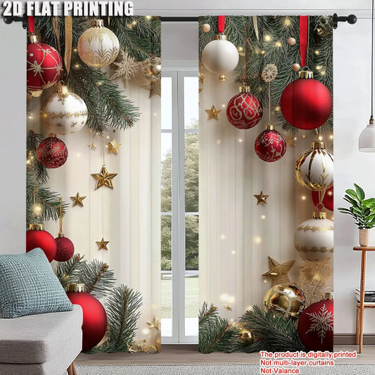 2Pcs Golden And Red Ball Pine Leaves Design Christmas Window Curtains