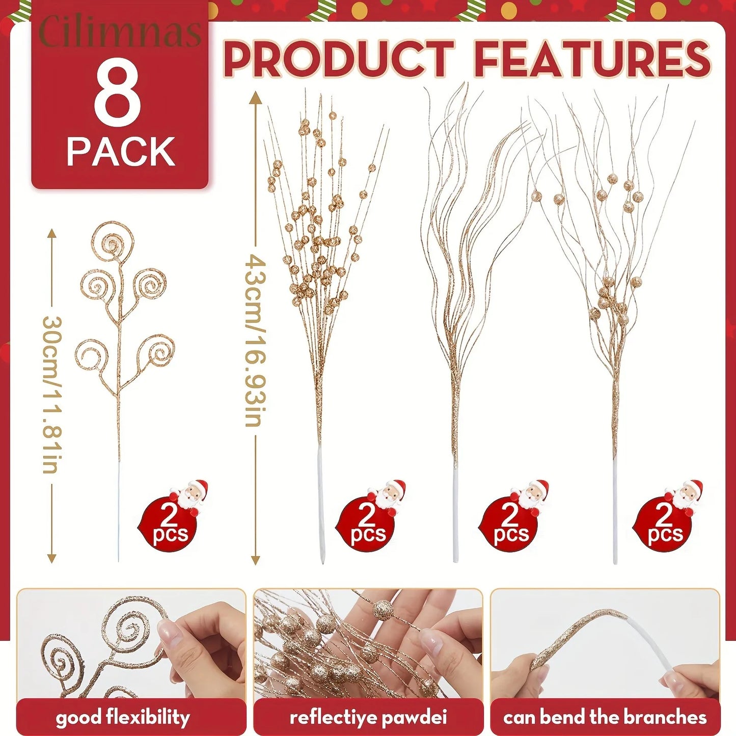 8/16Pcs Glitter Flowers Berry Bouquet Christmas Tree Ornaments