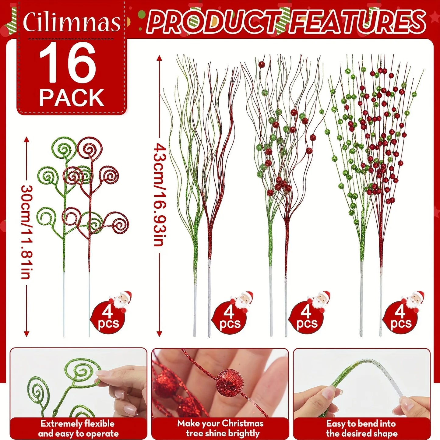 8/16Pcs Glitter Flowers Berry Bouquet Christmas Tree Ornaments