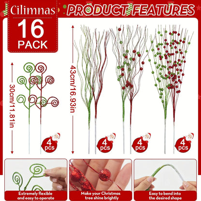 8/16Pcs Glitter Flowers Berry Bouquet Christmas Tree Ornaments