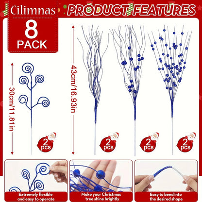 8/16Pcs Glitter Flowers Berry Bouquet Christmas Tree Ornaments